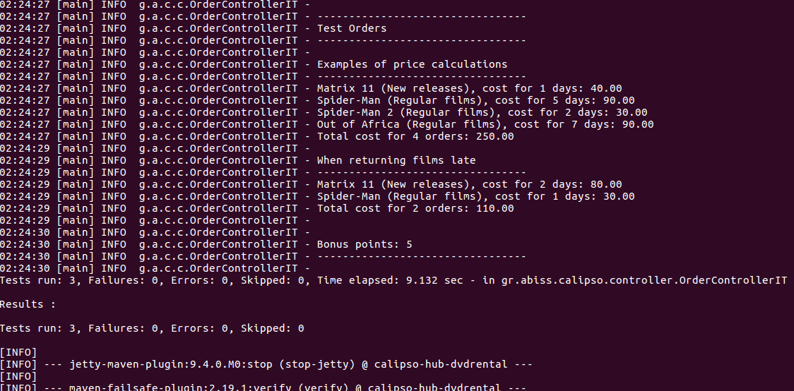console output of OrderControllerIT